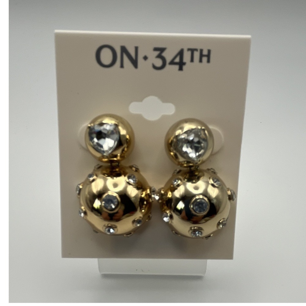 ON:34TH Gold Tone Clear Glass Crystal Double Ball Stud Drop Earrings